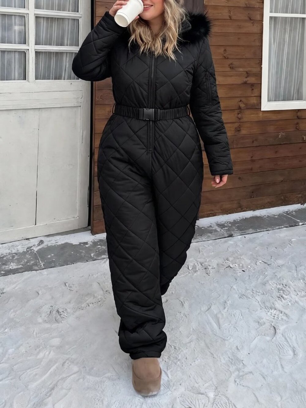 Black Casual Women's Quilted Hooded Long Sleeve Long Jumpsuit